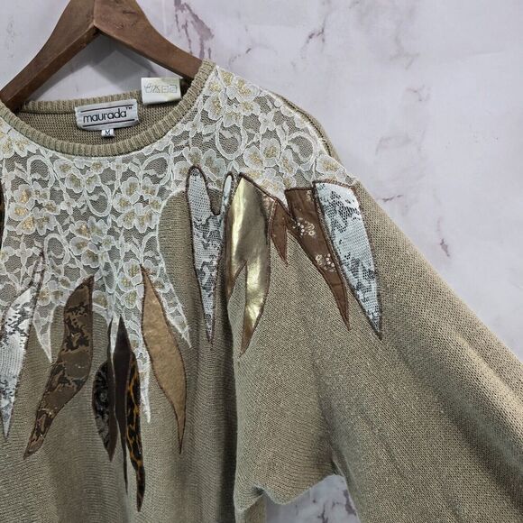 Vintage Sweater Womens Large 80s 90s Batwing Lace Leather Leopard Gold Metallic - Picture 10 of 11